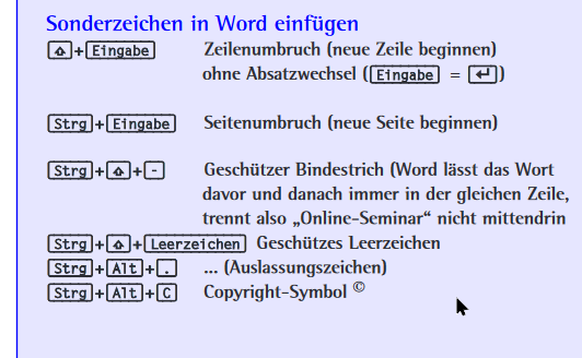 Tastenkombinationsposter in deutscher Sprache zum Einfügen von Sonderzeichen in Word, OneNote und Outlook mithilfe von Tastenkombinationen, einschließlich Zeilenumbruch, Seitenumbruch, geschütztem Bindestrich, geschütztem Leerzeichen, Auslassungspunkten und Copyright-Symbol.