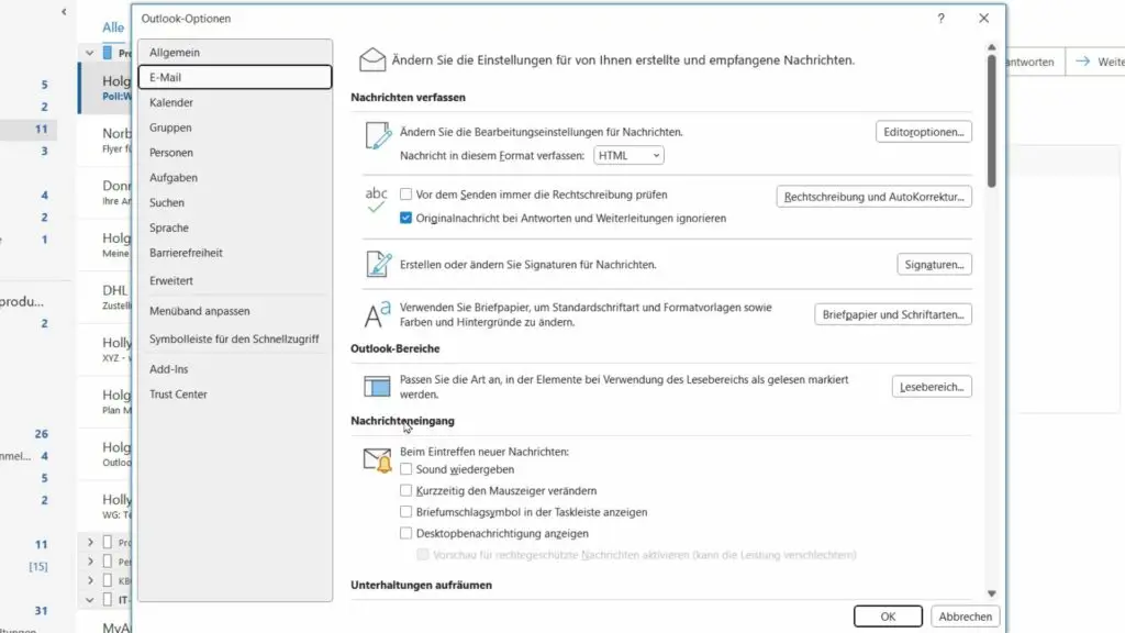 Screenshot des Optionsmenüs des E-Mail-Clients in deutscher Sprache, das Einstellungen zum Schreiben von Nachrichten, Signaturen, Outlook-Bereich und Nachrichtenbehandlung mit verschiedenen Kontrollkästchen und Auswahlfeldern zeigt.