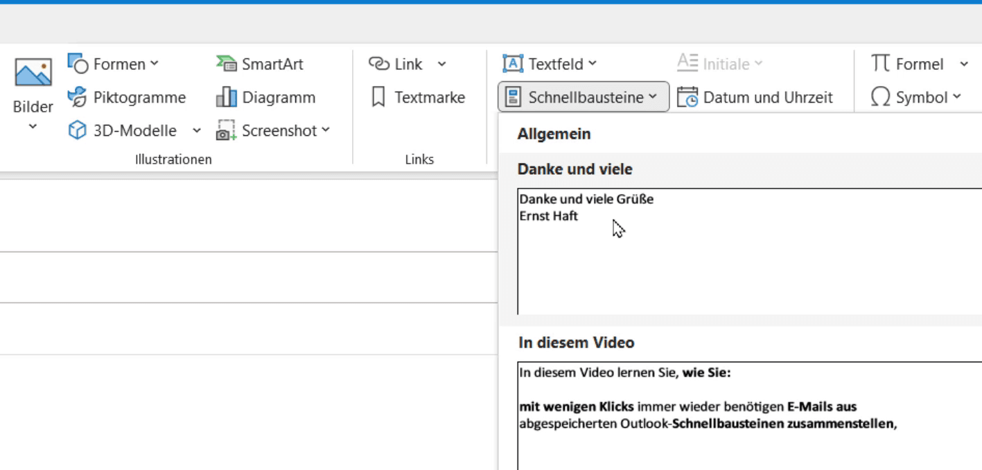 Menüband Schnellbausteine in Outlook