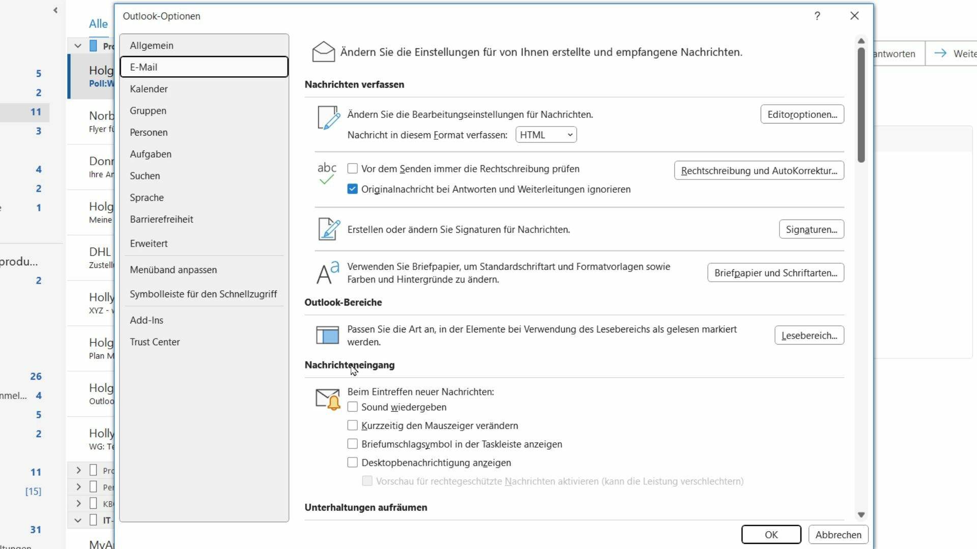 Deaktivieren Sie in den E-Mail-Optionen von Outlook die Desktopbenachrichtigung, um in Ruhe zu arbeiten, ohne abgelenkt zu werden
