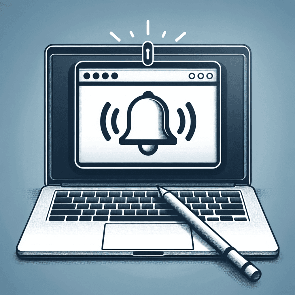 Ein Laptop mit einem Stift davor, auf dessen Bildschirm ein Glockensymbol für Benachrichtigungen angezeigt wird, das einen Alarm oder eine Erinnerung für eine Online-Schulungssitzung darstellt.