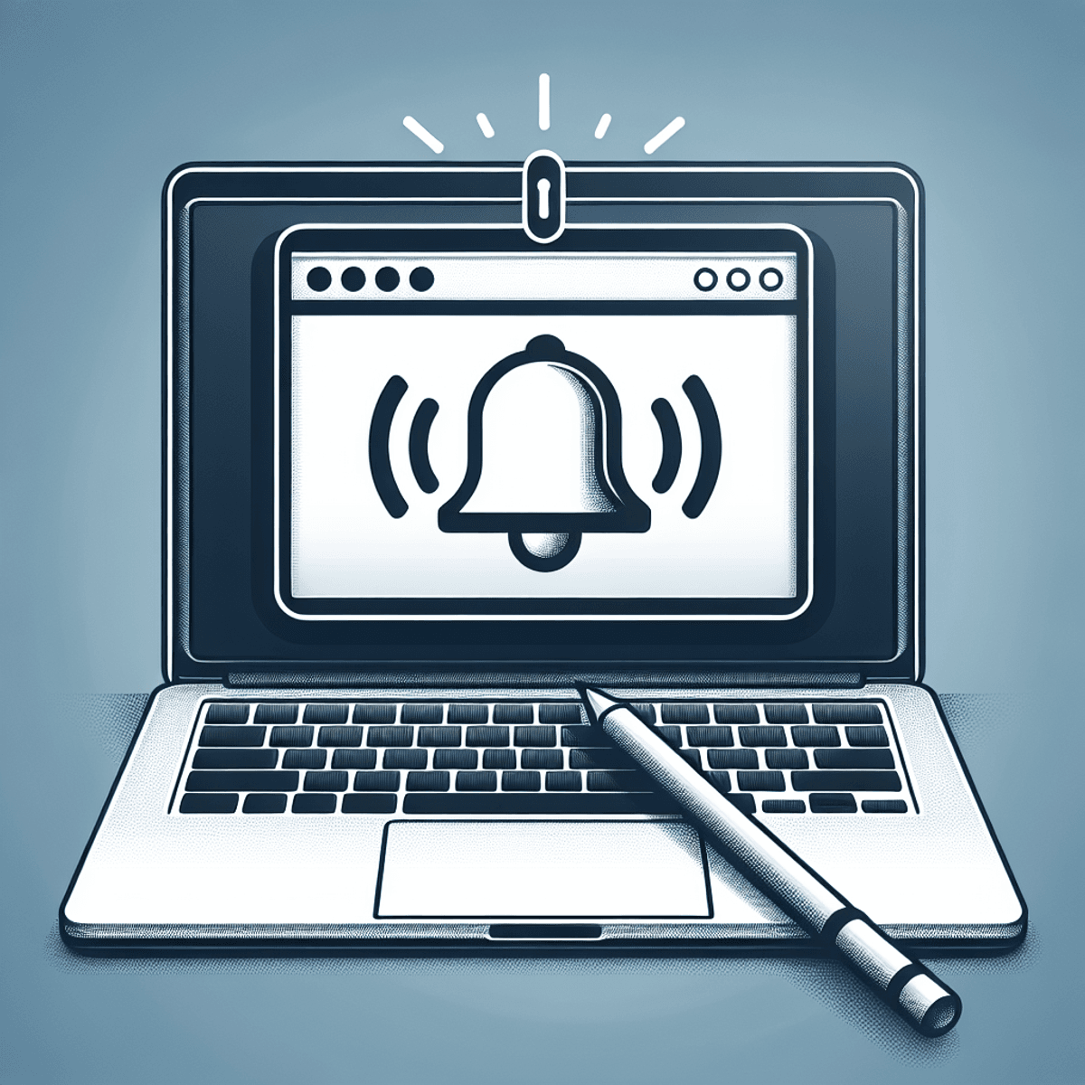 Ein Laptop mit einem Stift davor, auf dessen Bildschirm ein Glockensymbol für Benachrichtigungen angezeigt wird, das einen Alarm oder eine Erinnerung für eine Online-Schulungssitzung darstellt.