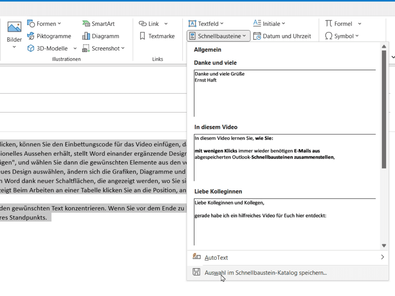 Schnellbaustein speichern in Outlook
