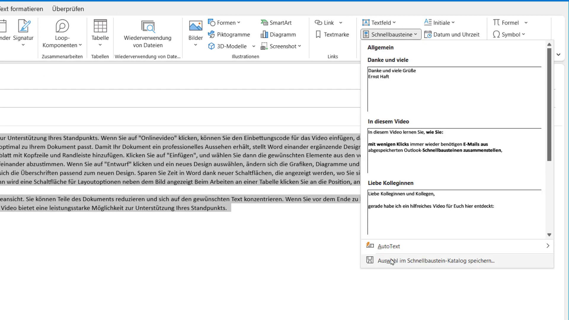 Schnellbaustein speichern in Outlook