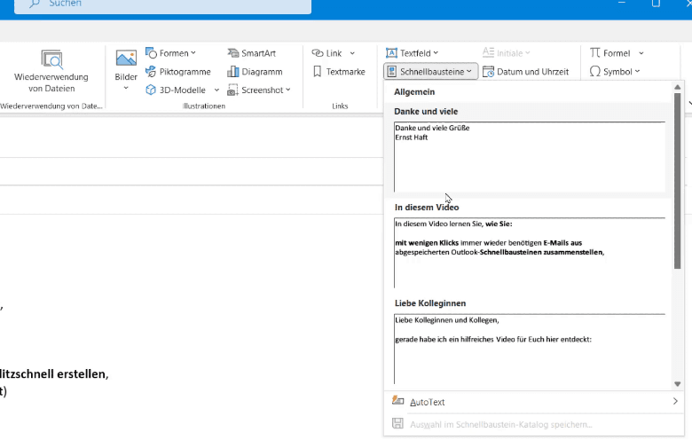 Zugriff auf Schnellbausteine in Outlook