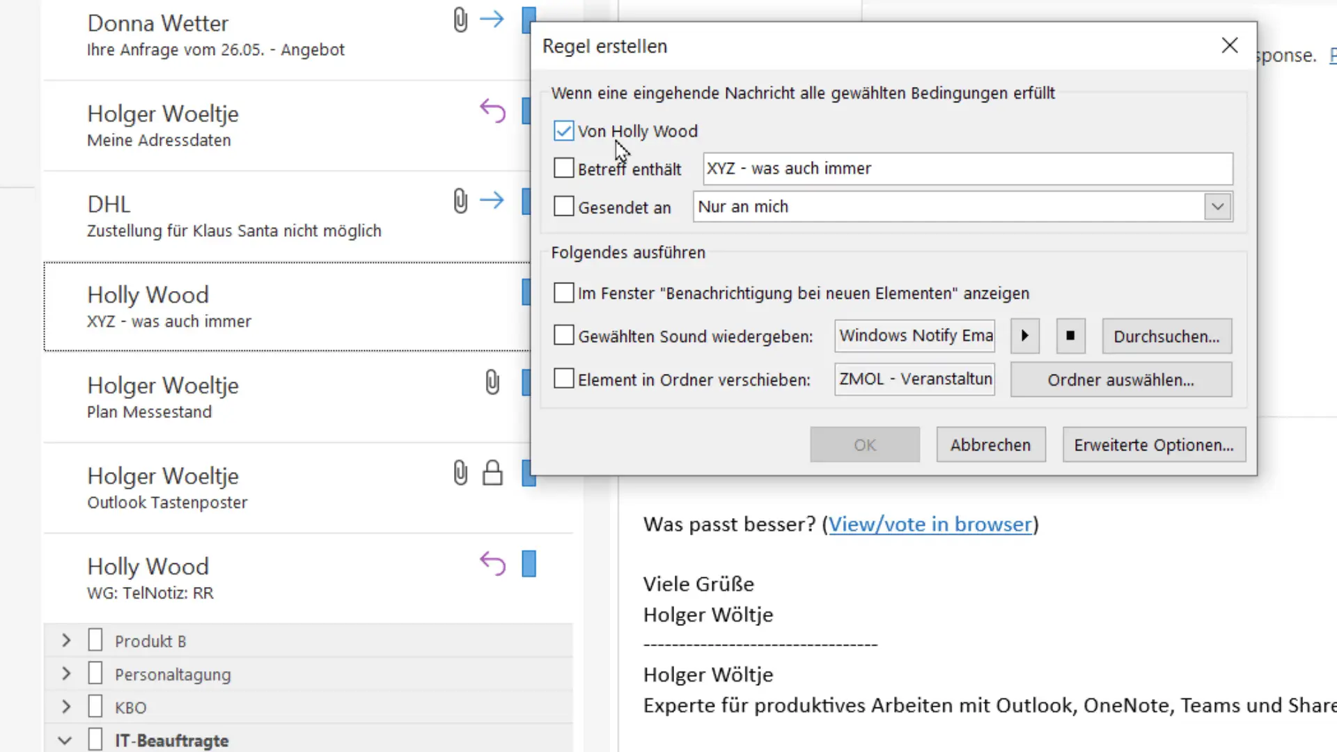 Ein Screenshot eines Fensters zum Erstellen einer E-Mail-Regel in einem E-Mail-Programm. Das Fenster zeigt Optionen zum Verwalten eingehender Nachrichten nach Absender und bestimmte auszuführende Aktionen. Im Hintergrund wird eine E-Mail-Liste angezeigt.